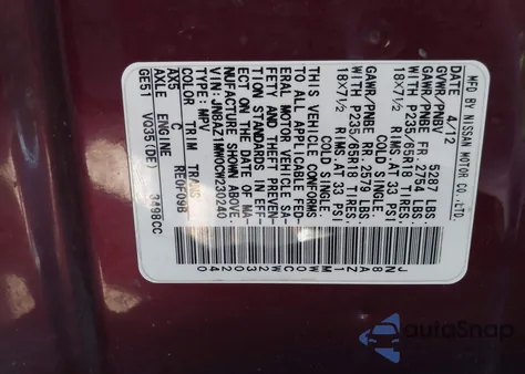 2012 Nissan Murano Sl из США, поврежденный, VIN JN8AZ1MW0CW230240